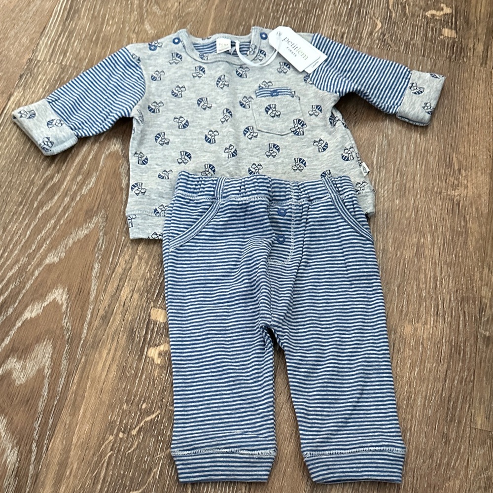 Petit Lem Gray and Blue Striped Kids Set